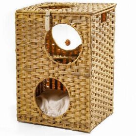 Rattan Cat Litter,Cat Bed with Ball and Cushion, Brown - Default