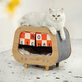 Classic Wooden TV-Shaped Cat Bed, House with Cushion, Grey - Default