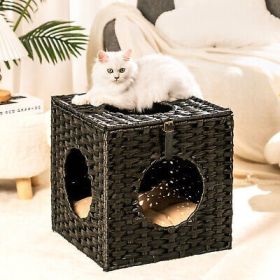 Rattan Cat Litter,Cat Bed with Ball and Cushion,Black - Default
