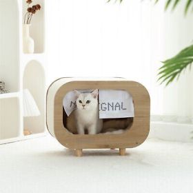Classic Wooden TV-Shaped Cat Bed, House with Cushion, White - Default