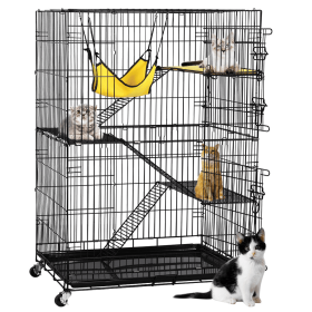4 Tiers Rolling Cat Cage Pet Cage with Hammock;  Black - Black