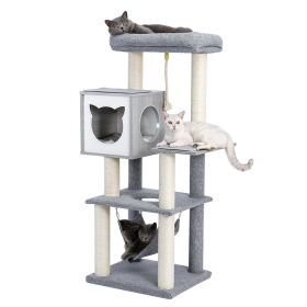 Cat Tree 52 Inches Multi-Level Modern Wooden Cat Tower with Hammock and Scratching Posts and Cat Condo for Adult Cats Gray - as Pic