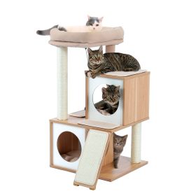 Cat Tree Wood Cool Sisal Scratching Post Kitten Furniture Plush Condo Playhouse with Dangling Toys Cats Activity Centre Beige - as Pic
