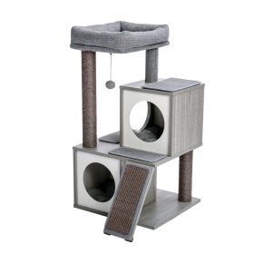 Cat Tree Luxury 34 Inches Cat Tower with Double Condos; Spacious Perch; Fully Wrapped Scratching Sisal Posts and Replaceable Dangling Balls Gray - as
