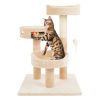 3-Tier Cat Tree - 2 Carpeted Napping Perches, Sisal Rope Scratching Post, Hanging Mouse, and Interactive Cheese Wheel Toy by (Tan) - Beige