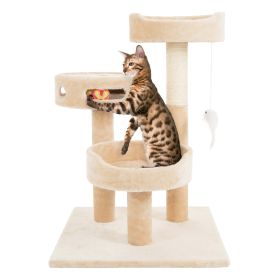3-Tier Cat Tree - 2 Carpeted Napping Perches, Sisal Rope Scratching Post, Hanging Mouse, and Interactive Cheese Wheel Toy by (Tan) - Beige