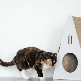 Key Largo Cat Scratcher, Modern Design, Triangle, Corrugated Cardboard Playhouse, Lounger, Keep Your Pet Happy and Healthy - White - Brown