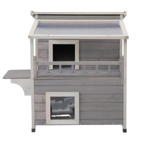 Double Story Outdoor Cat House with Sun Panels and Balcony - Gray - gray