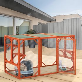Wooden Cat House;  Outdoor Cat Cage with Water-proof Asphalt Planks and Cat Perches;  Orange - Orange
