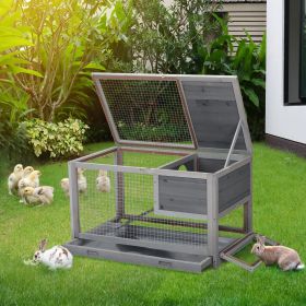 2-story Wooden Rabbit Cage;  Bunny Hutch with Ladder;  Openable Roof and Removable Tray;  Gray - gray