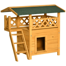 Indoor/Outdoor Cat House 2-Story Wooden Kitten Condo With Balcony Roof - Natural Wood - 30"x20"x29"