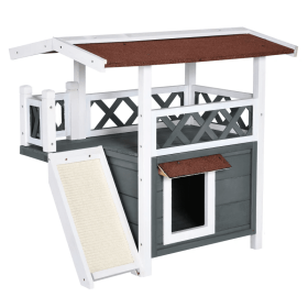 Indoor/Outdoor Cat House 2-Story Wooden Kitten Condo With Balcony Roof - Grey & White - 30"x20"x29"