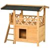 Indoor/Outdoor Cat House 2-Story Wooden Kitten Condo With Balcony Roof - Wood Color - 30"x20"x29"