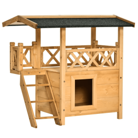 Indoor/Outdoor Cat House 2-Story Wooden Kitten Condo With Balcony Roof - Wood Color - 30"x20"x29"