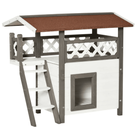Indoor/Outdoor Cat House 2-Story Wooden Kitten Condo With Balcony Roof - White - 30"x20"x29"