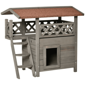 Indoor/Outdoor Cat House 2-Story Wooden Kitten Condo With Balcony Roof - Light Grey - 30"x20"x29"