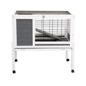 Wooden Rabbit Hutch with Wheels, Indoor/Outdoor Pet House with Pull Out Tray - Gray and White XH - Gray and White