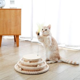Interactive Cat Toy, Modern Cat Tracks, Cat Feather Teaser, Wooden Self-Amusement Pet Toy, Circuit Ball Toy with 3 Levels for Small to Adult Cats Beig