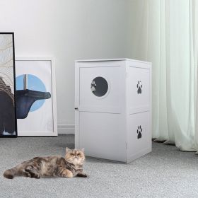 2-Tier Functional Wood Cat Washroom Litter Box Cover with Multiple Vents;  a Round Entrance;  Openable Door - White
