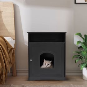 Cat's Wooden House Indoor Feline Condo Toilet Litter Box Hideaway Beside Table Nightstand;  Black - Black