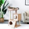 Cat Tree Wood Cool Sisal Scratching Post Kitten Furniture Plush Condo Playhouse with Dangling Toys Cats Activity Centre Beige - as Pic