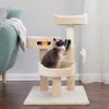 3-Tier Cat Tree - 2 Carpeted Napping Perches, Sisal Rope Scratching Post, Hanging Mouse, and Interactive Cheese Wheel Toy by (Tan) - Beige