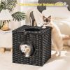 Mewoofun Handmade Cat Supplies Cat House for Indoor Woven Rattan Designed Pets - black
