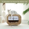 Classic Wooden TV-Shaped Cat Bed, House with Cushion, White - Default